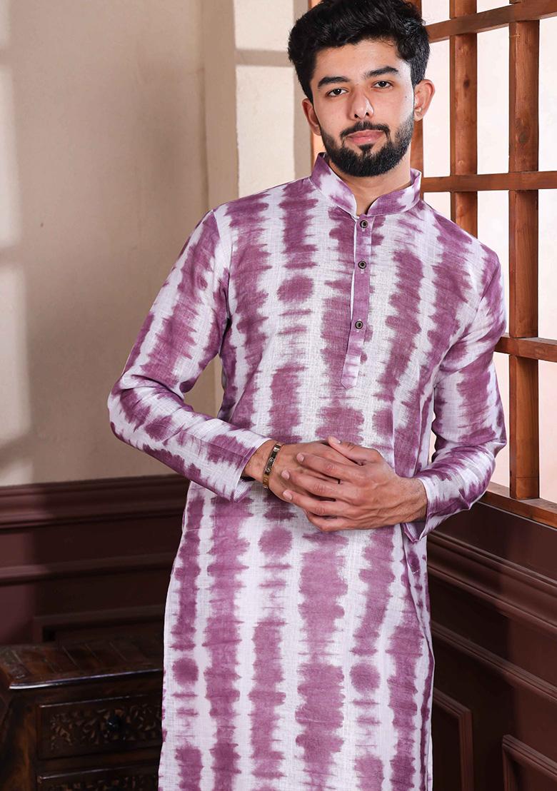 Wine Printed Linen Kurta For Men 