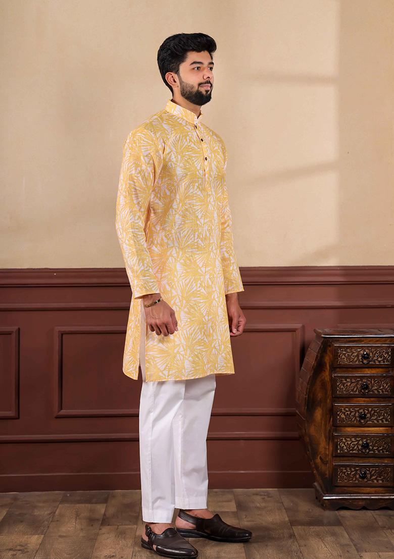 Gold Printed Linen Kurta For Men 