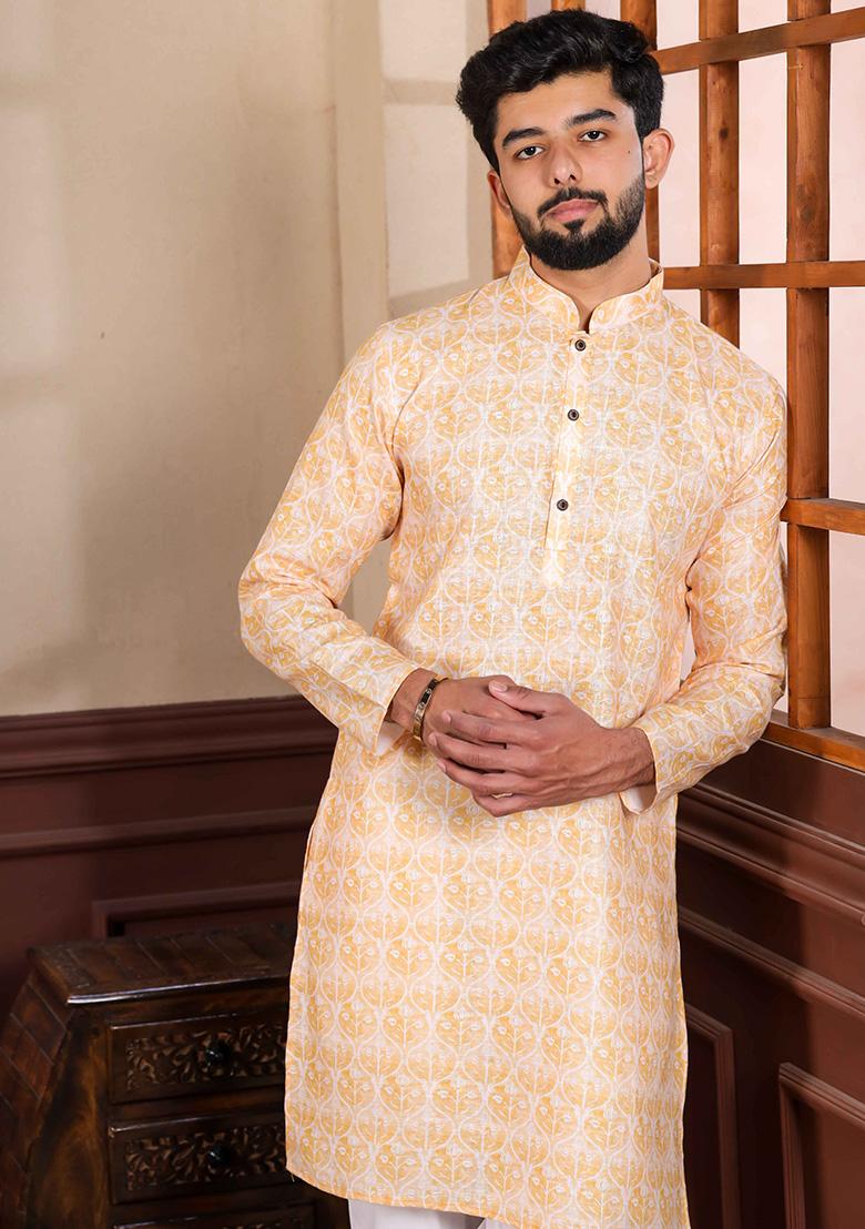 Yellow Printed Linen Kurta For Men 