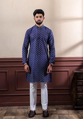 Navy Printed Cotton Kurta For Men 