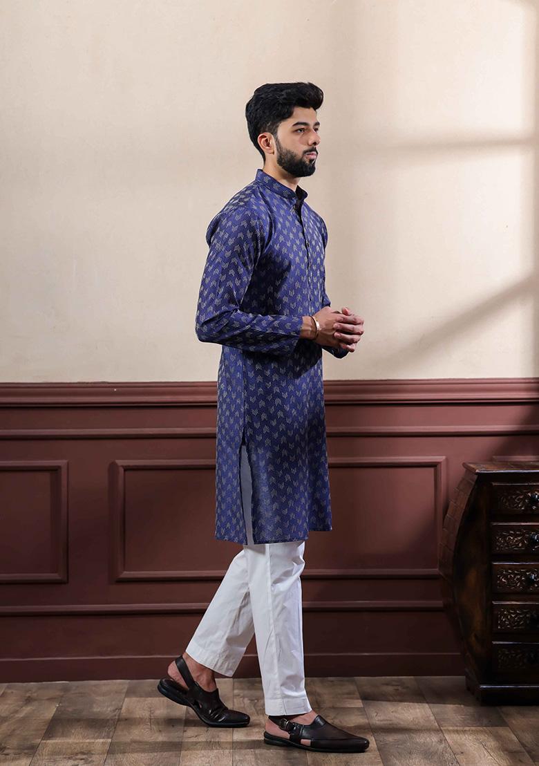 Navy Printed Cotton Kurta For Men 