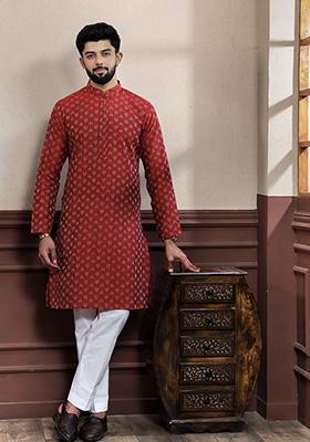 Red Printed Cotton Kurta For Men 