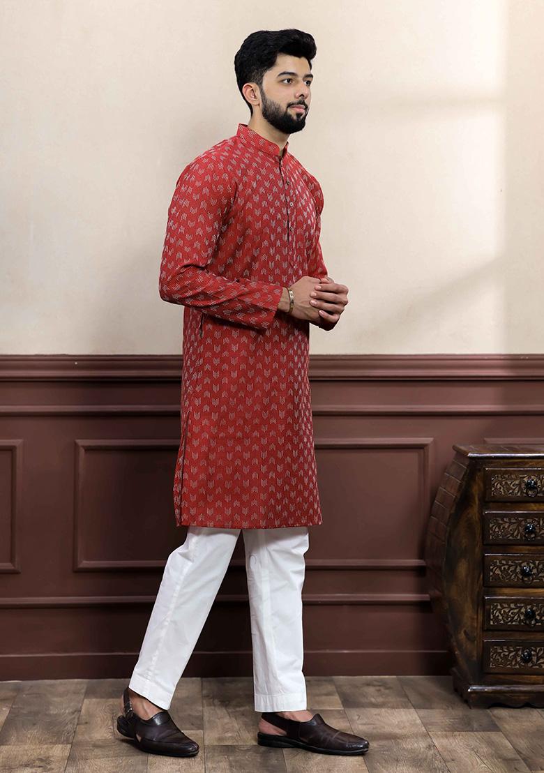 Red Printed Cotton Kurta For Men 