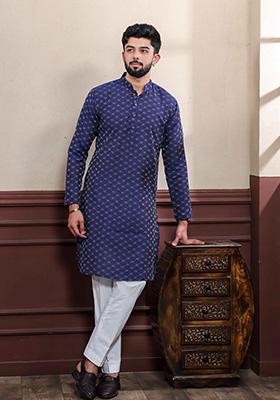 Navy Printed Cotton Kurta For Men 
