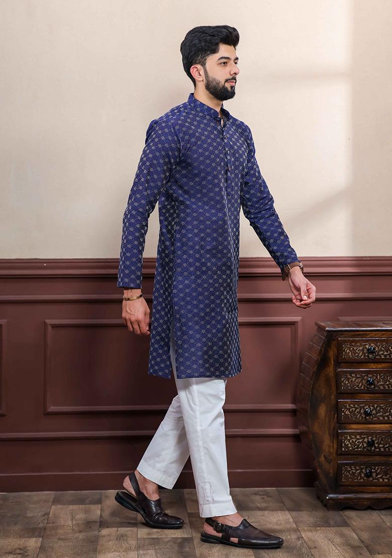 Navy Printed Cotton Kurta For Men 