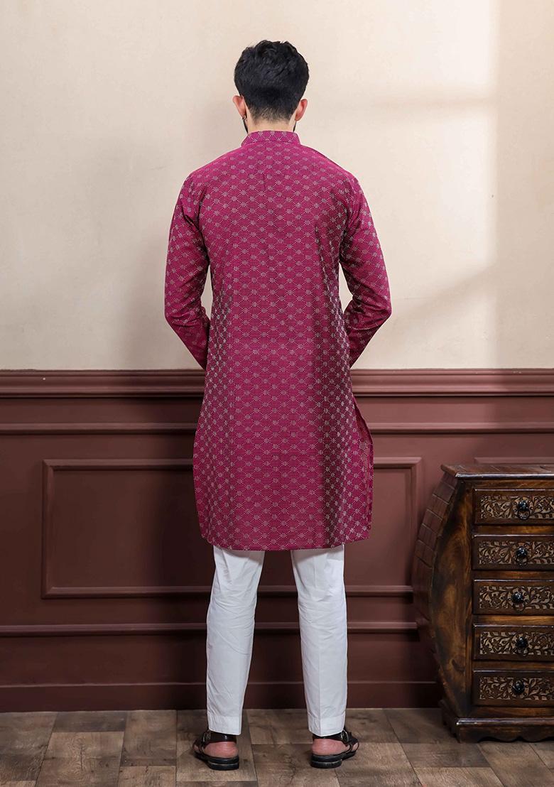 Purple Printed Cotton Kurta For Men 