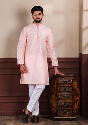 Pink Sequence Embellished Art Silk Kurta For Men 