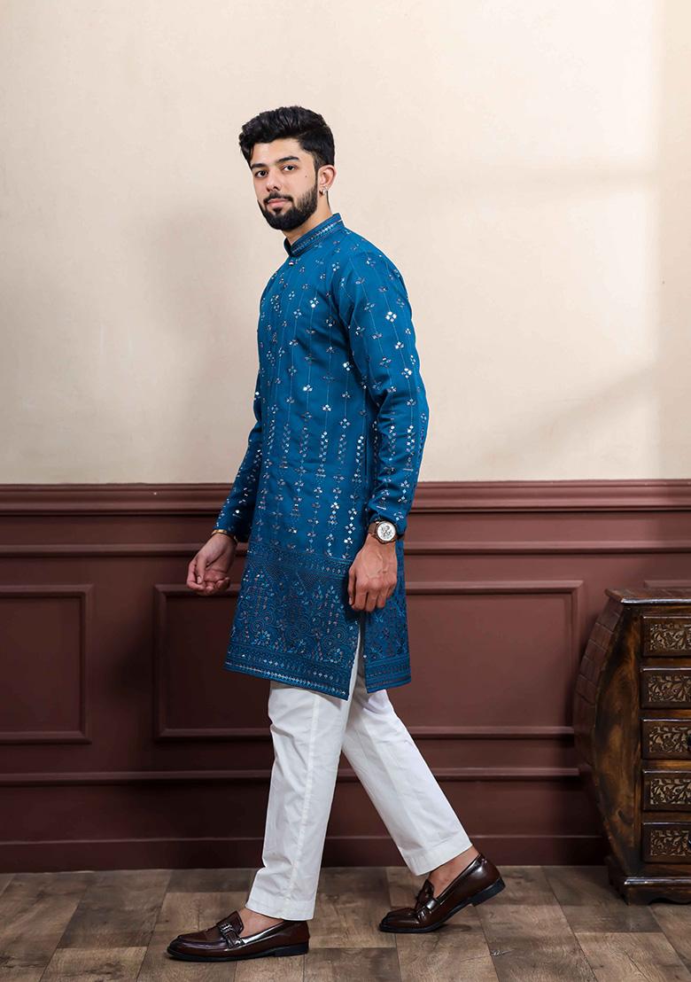 Teal Embellished Viscose Kurta For Men 