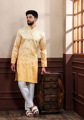 Yellow Embroidered Art Silk Kurta For Men 