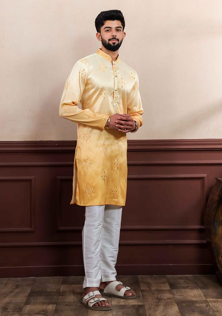 Yellow Embroidered Art Silk Kurta For Men 