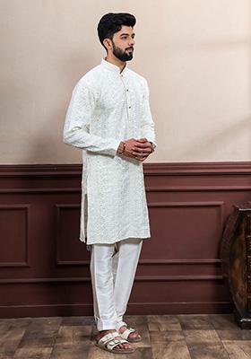 White Embellished Viscose Kurta For Men 