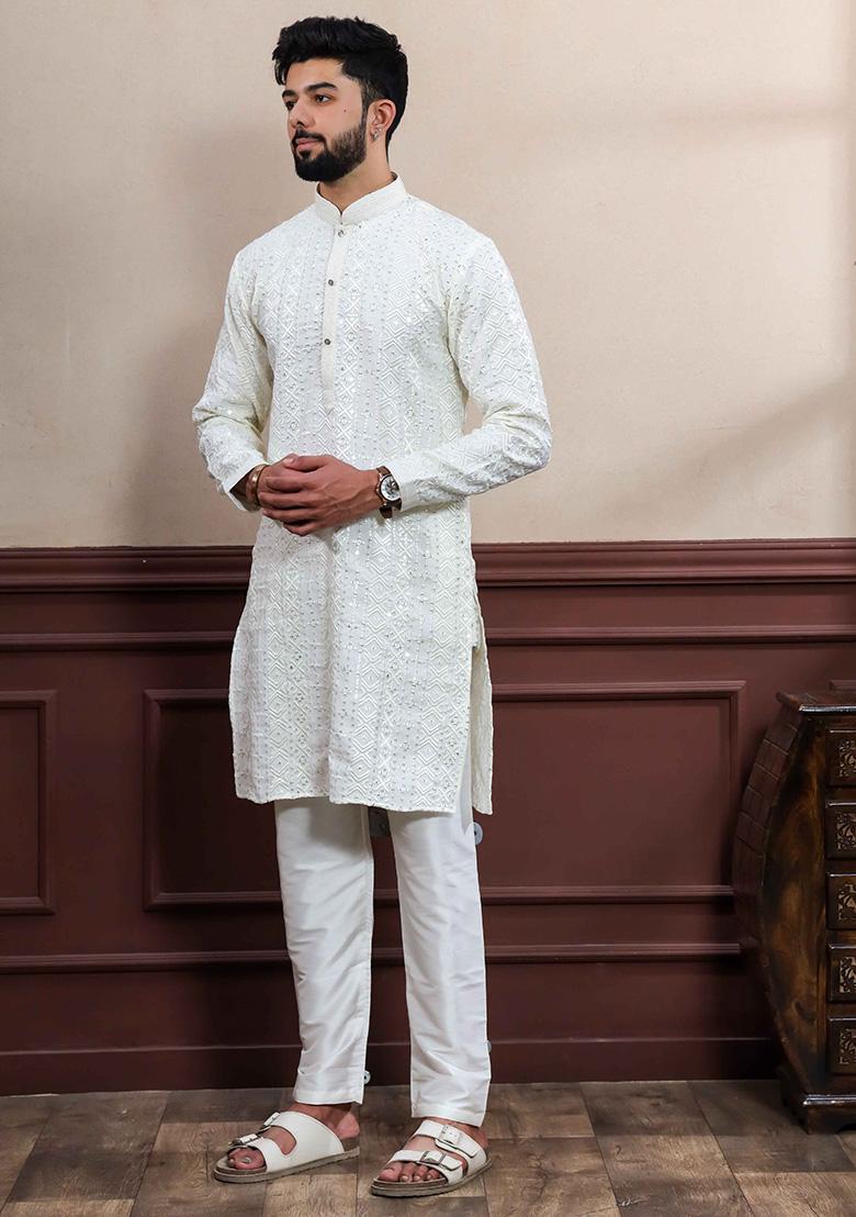 White Embellished Viscose Kurta For Men 