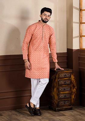 Orange Embellished Cotton Kurta For Men 