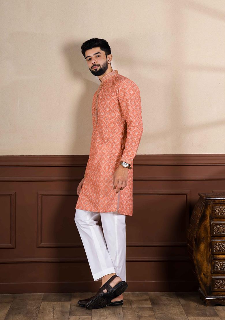 Orange Embellished Cotton Kurta For Men 