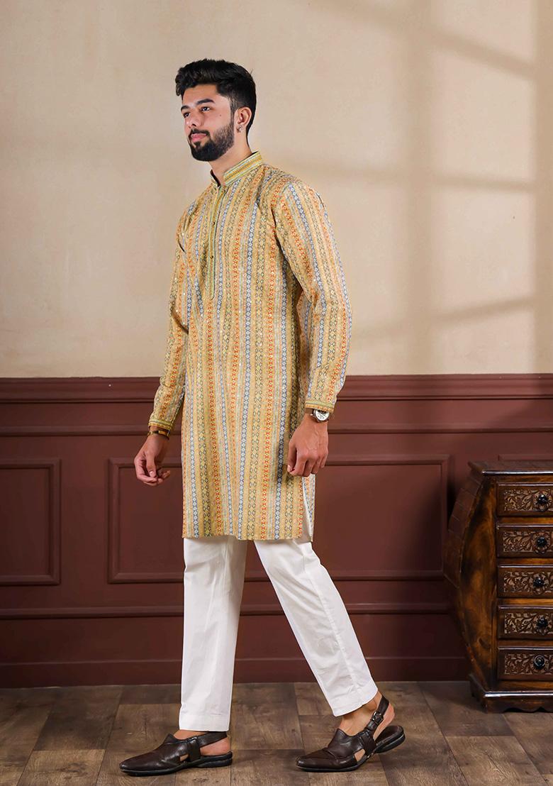 Yellow Embellished Cotton Kurta For Men 