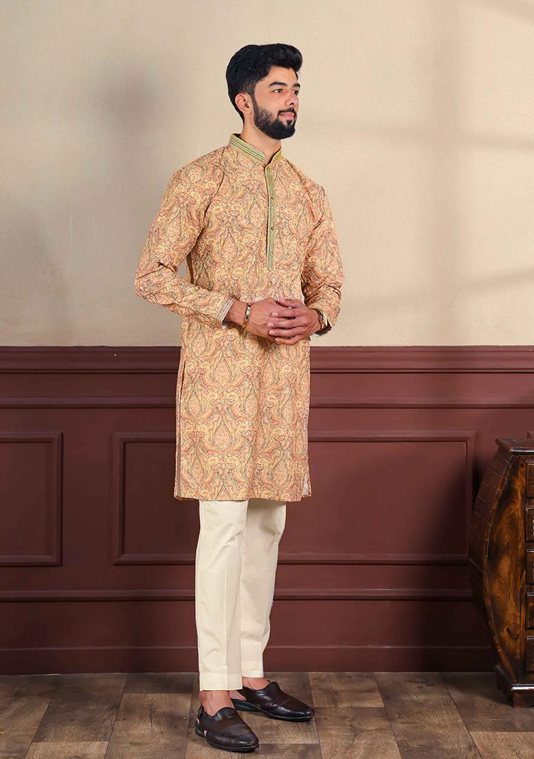 Peach Embellished Cotton Kurta For Men 