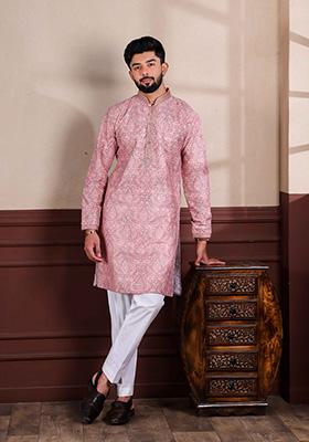 Pink Embellished Cotton Kurta For Men 