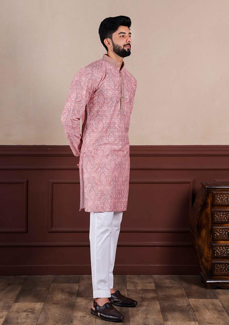 Pink Embellished Cotton Kurta For Men 