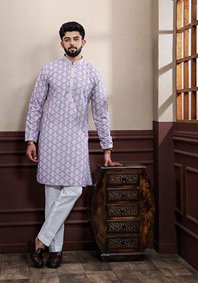Lavender Embellished Cotton Kurta For Men 