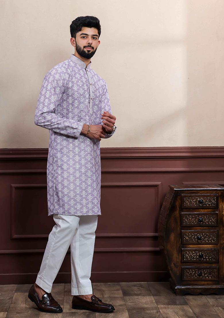 Lavender Embellished Cotton Kurta For Men 