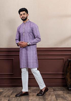 Purple Embellished Cotton Kurta For Men 