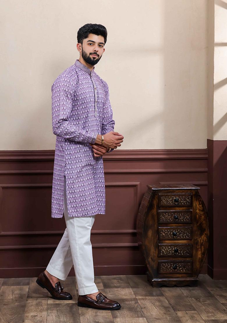 Purple Embellished Cotton Kurta For Men 