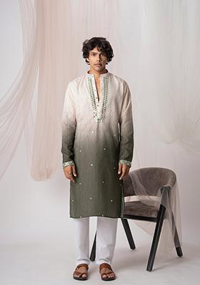 Green Printed Linen Kurta Set For Men