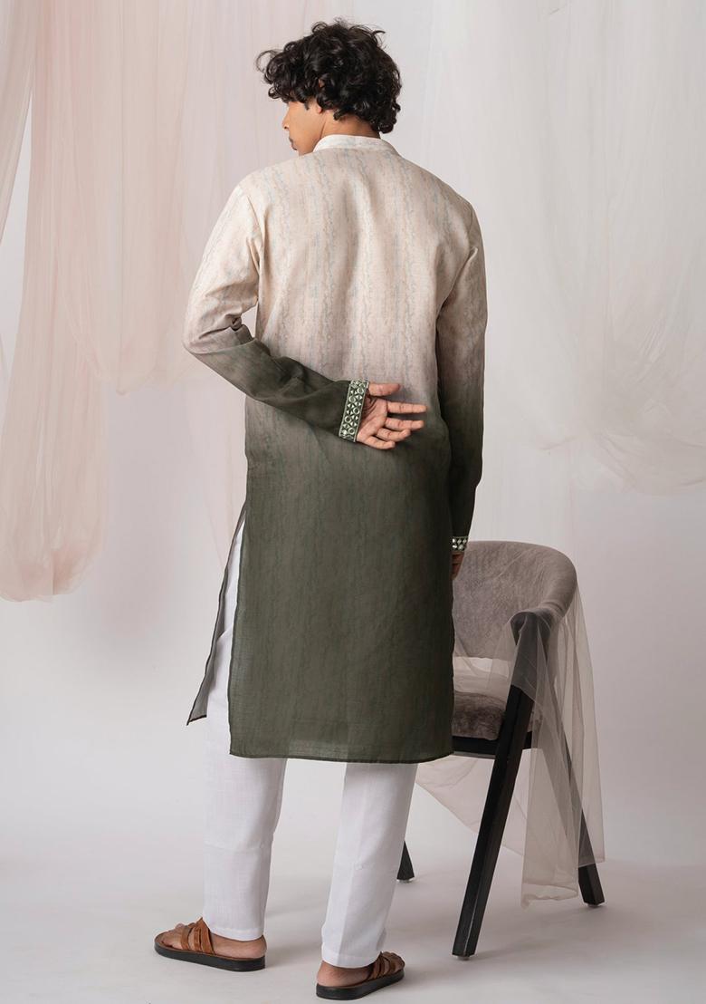 Green Printed Linen Kurta Set For Men