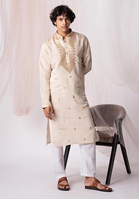 Beige  Sequin Embroidered Silk Kurta Set For Men