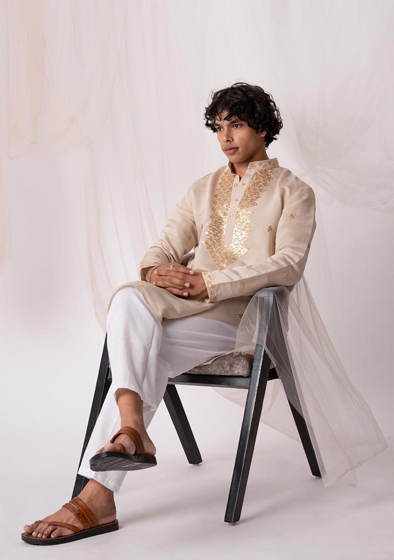 Beige  Sequin Embroidered Silk Kurta Set For Men