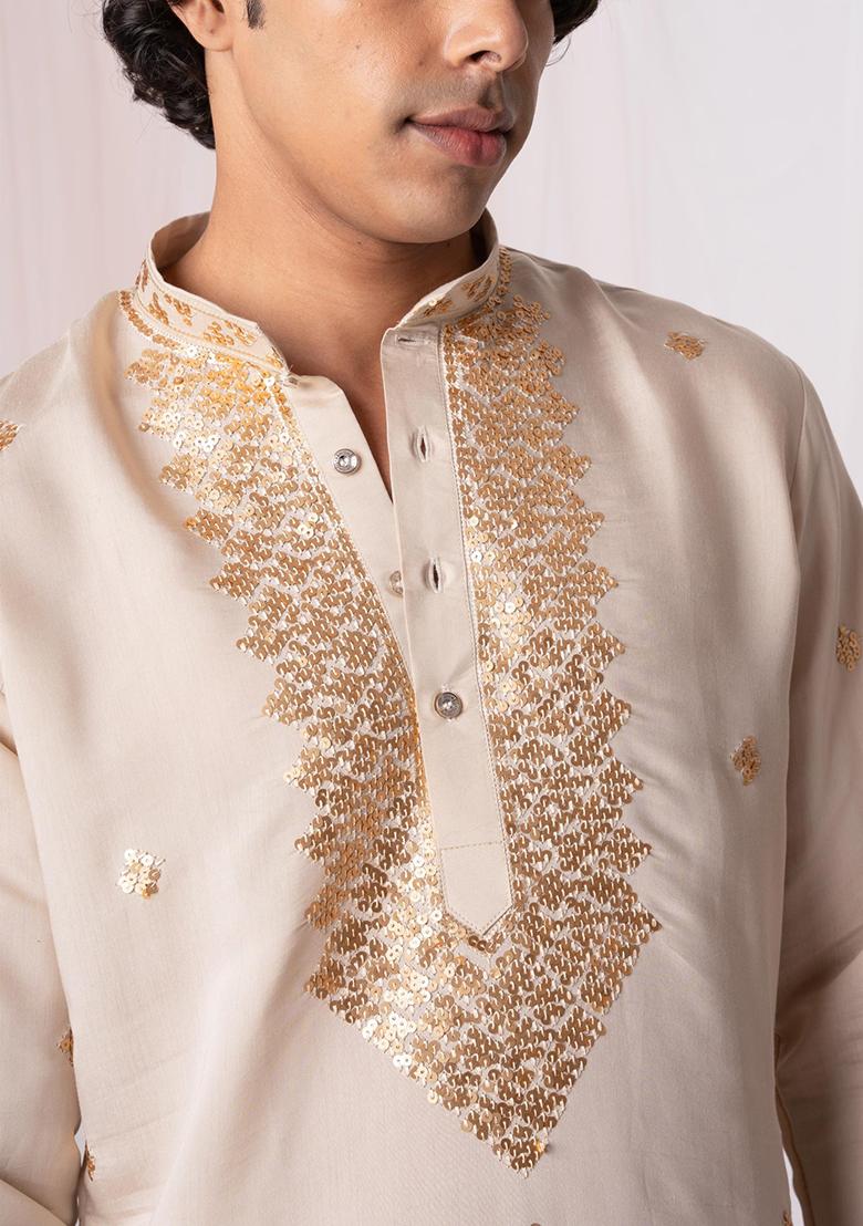 Beige  Sequin Embroidered Silk Kurta Set For Men