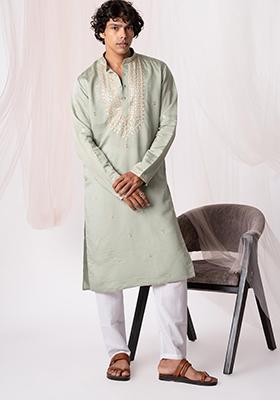 Pistachio Green Sequin Embroidered Silk Kurta Set For Men