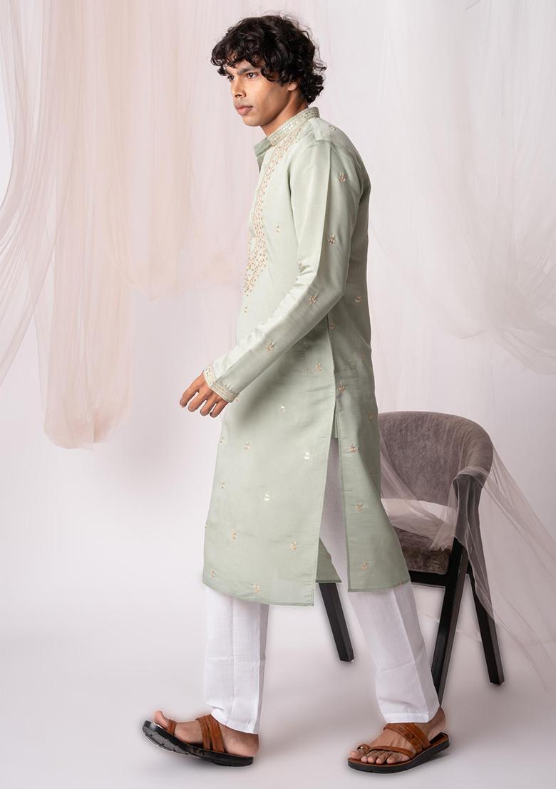 Pistachio Green Sequin Embroidered Silk Kurta Set For Men