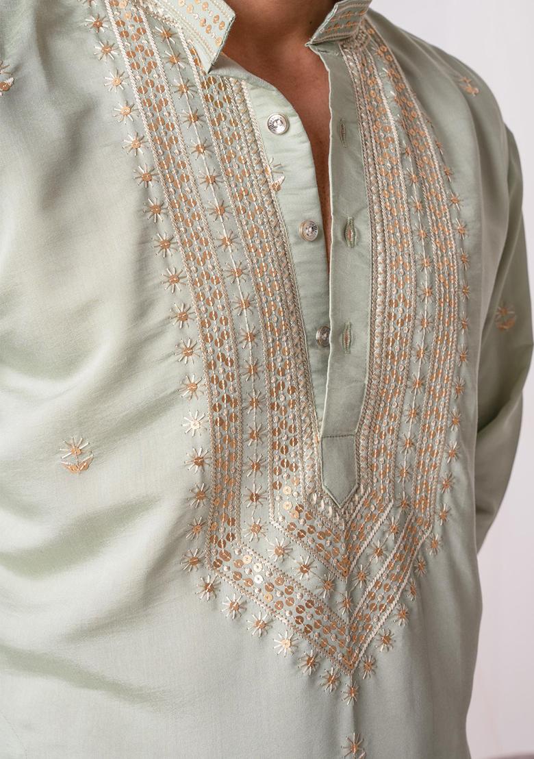Pistachio Green Sequin Embroidered Silk Kurta Set For Men