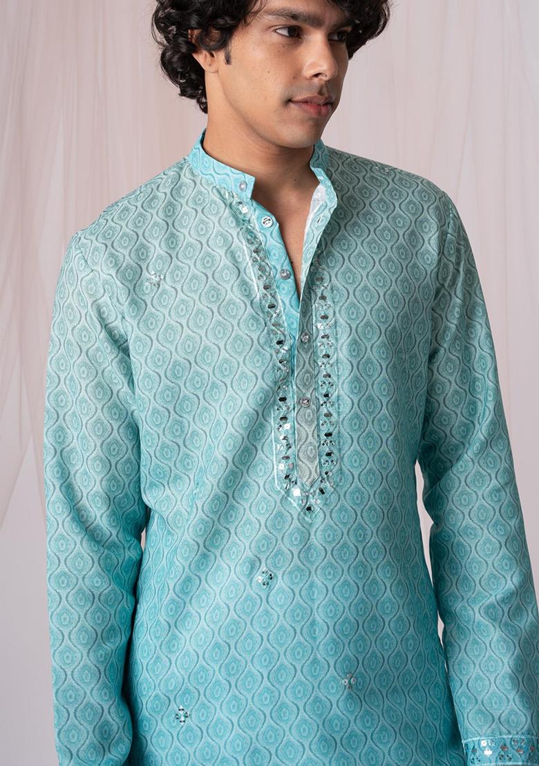 Blue Printed Linen Kurta Set For Men