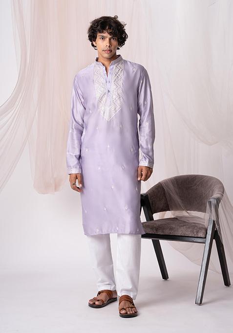 Lilac Sequin Embroidered Silk Kurta Set For Men