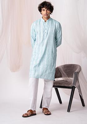 Light Blue Embellished Khadi Kurta Set For Men
