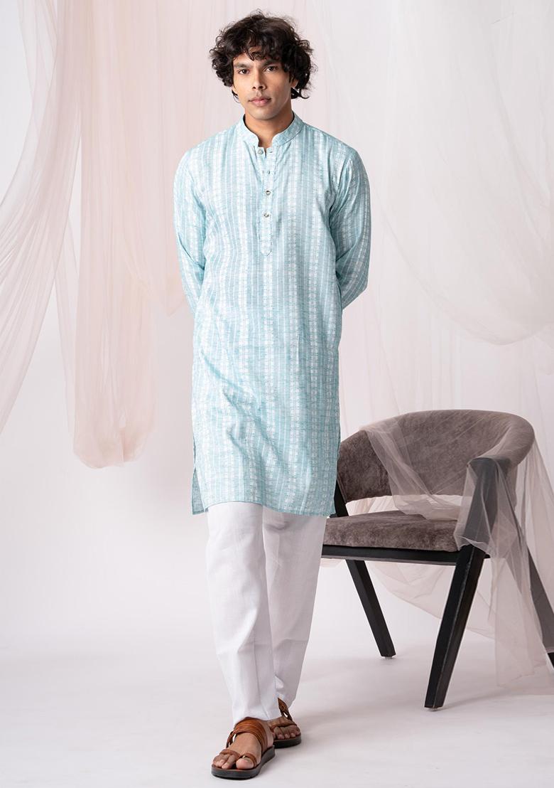 Light Blue Embellished Khadi Kurta Set For Men