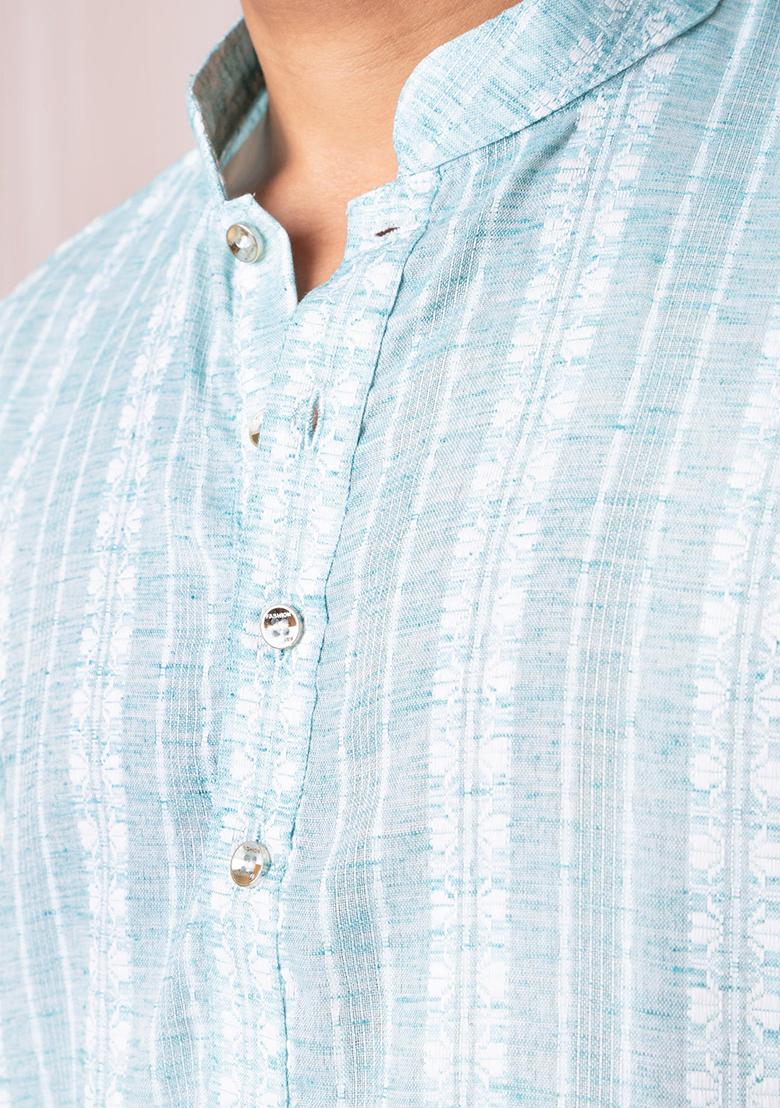 Light Blue Embellished Khadi Kurta Set For Men