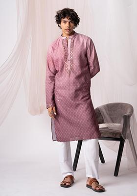 Wine Printed Linen Kurta Set For Men
