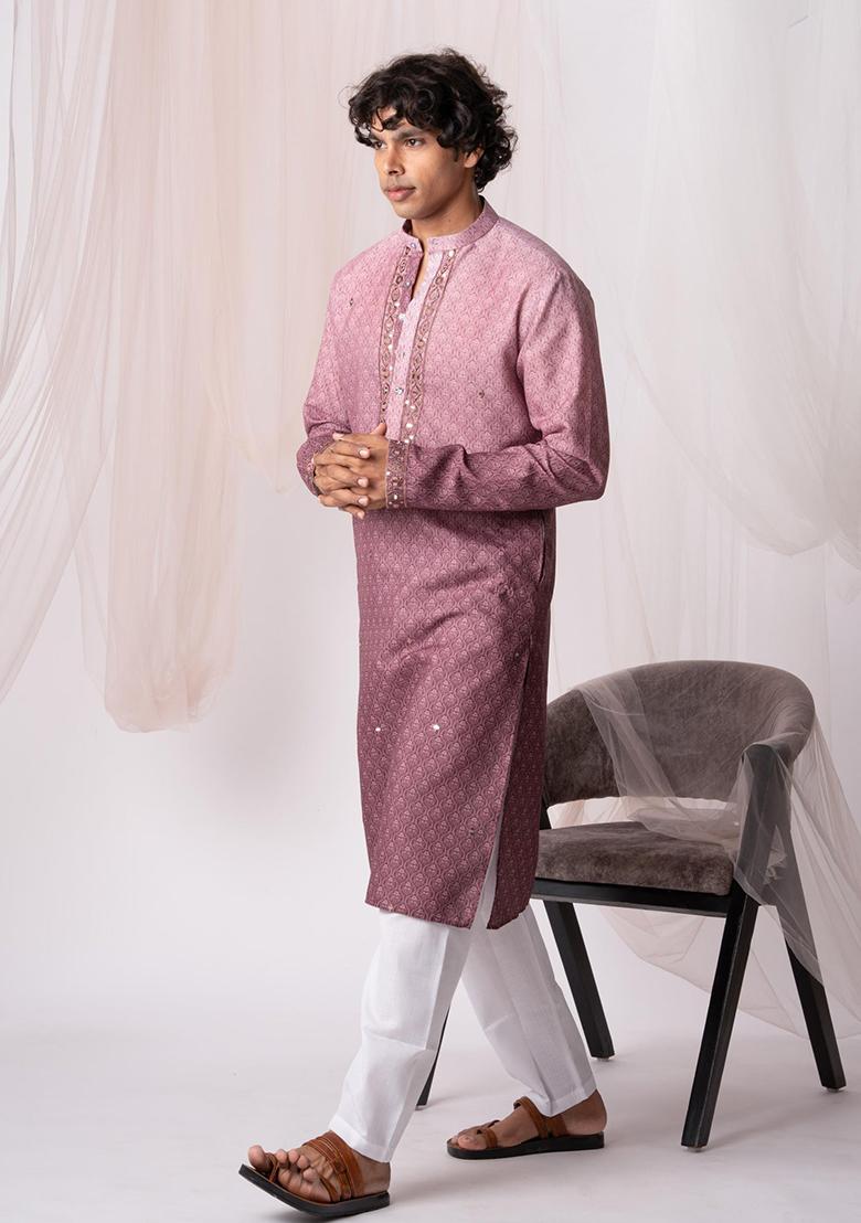 Wine Printed Linen Kurta Set For Men