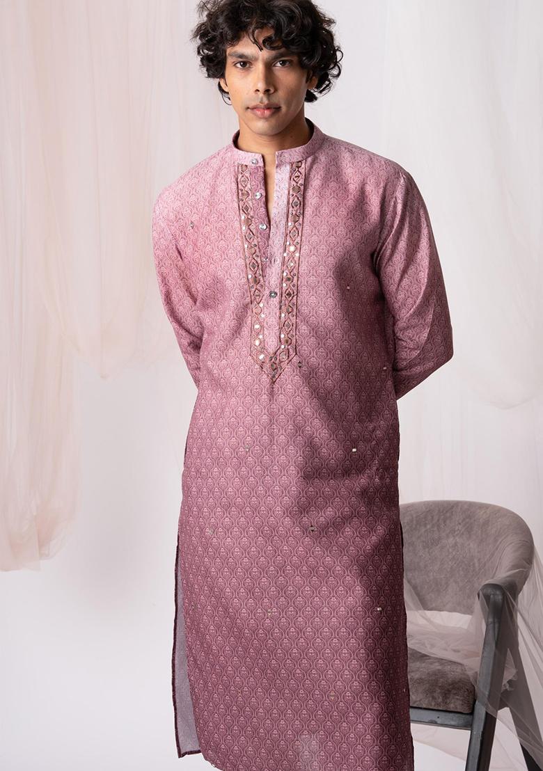 Wine Printed Linen Kurta Set For Men