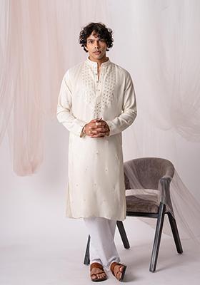 Off White  Sequin Embroidered Silk Kurta Set For Men