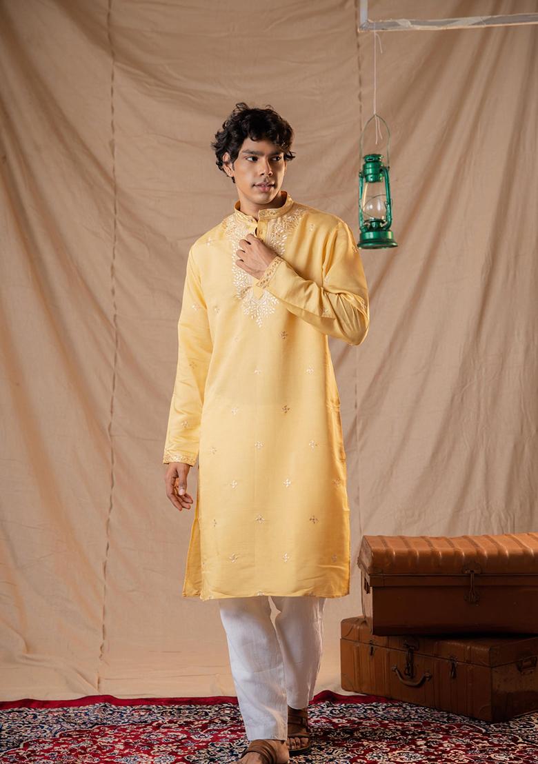 Sunshine Yellow Sequin Embroidered Silk Kurta Set For Men