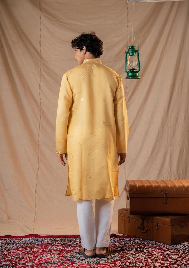 Sunshine Yellow Sequin Embroidered Silk Kurta Set For Men