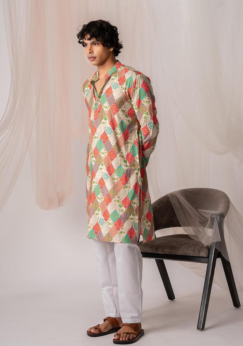 Multicolor Printed Viscose Kurta Set For Men