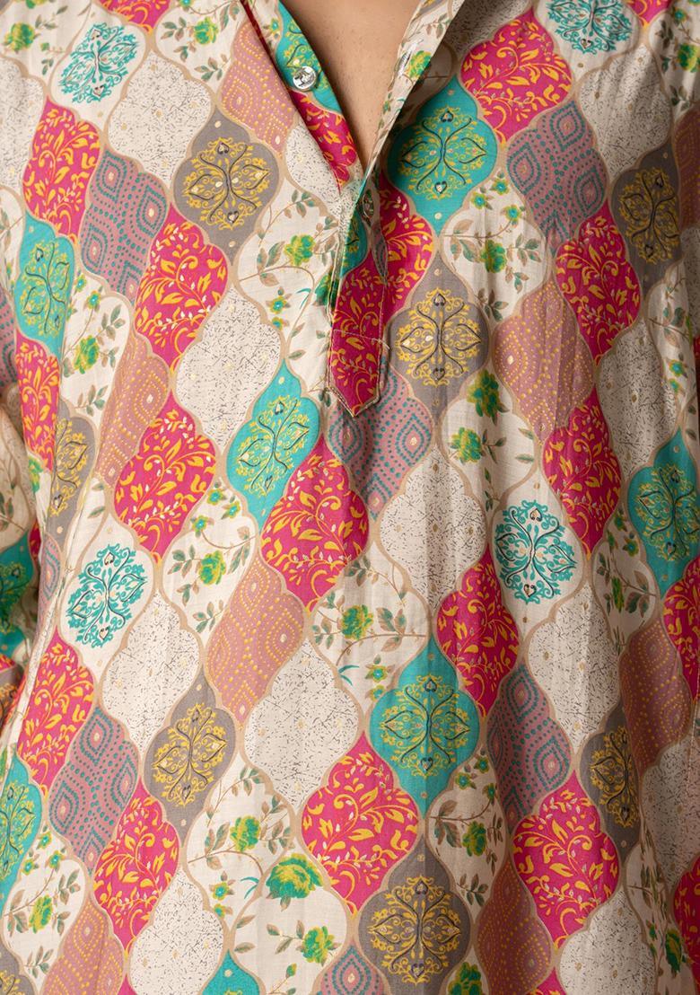 Multicolor Printed Viscose Kurta Set For Men