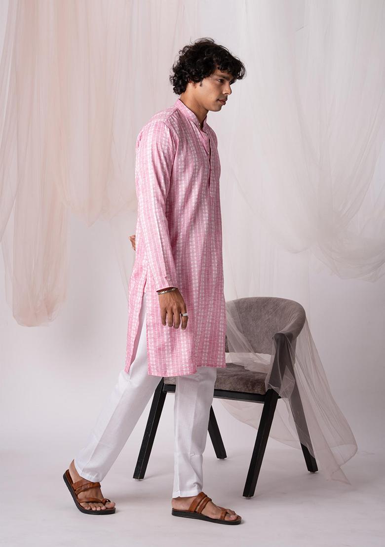 Light Pink Embellished Khadi Kurta Set For Men
