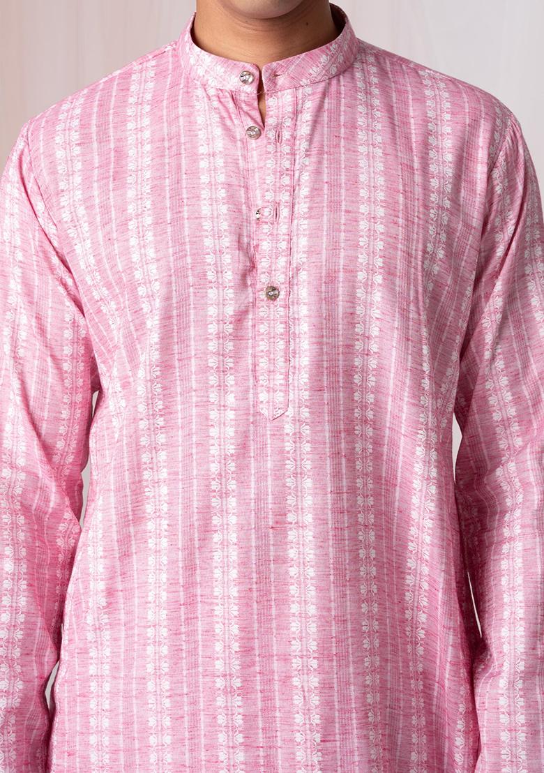 Light Pink Embellished Khadi Kurta Set For Men