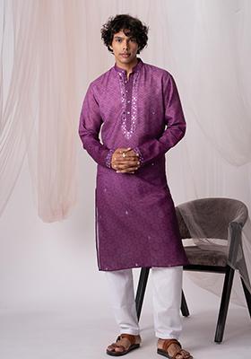 Purple Printed Linen Kurta Set For Men